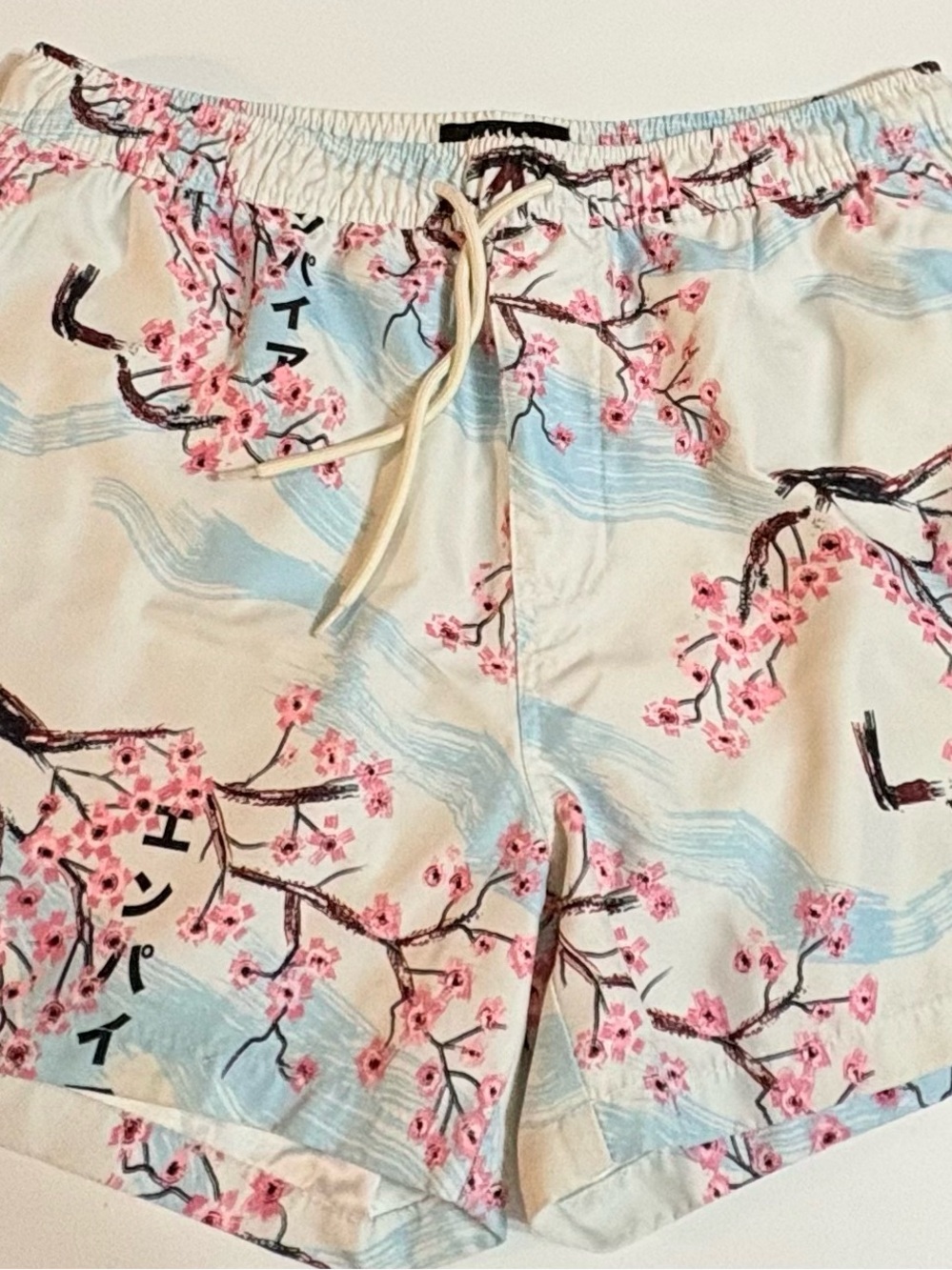 Empyre Cream Cherry Blossom Print Drawstring Board Shorts Beachy Coastal Surfing